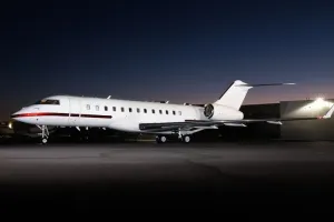 Bombardier Global XRS S/N 9234 exterior profile on tarmac, intercontinental business jet for sale with Rolls-Royce engines.